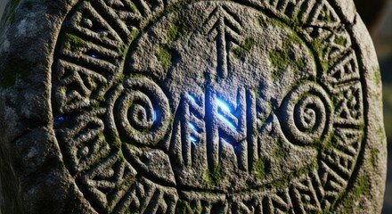 Ancient Stone Carving of Runes and Symbolic Designs.