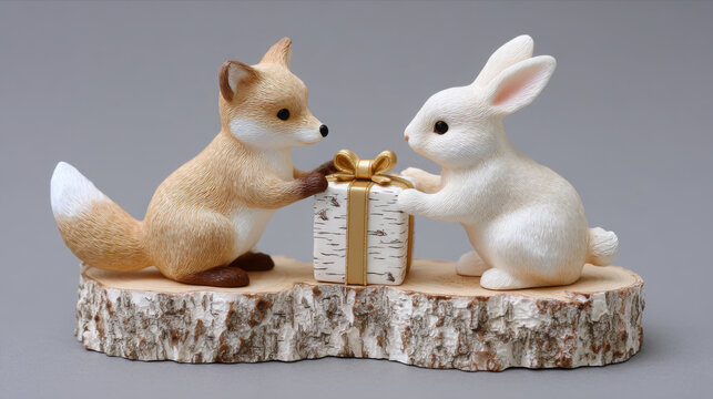 Adorable fox and rabbit figurines exchanging a gift on a wooden base, showcasing friendship and joy in a charming and whimsical scene of celebration and connection