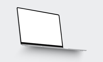 Laptop in side perspective with blank screen, soft shadow, clean modern mockup for showcasing website design or digital content
