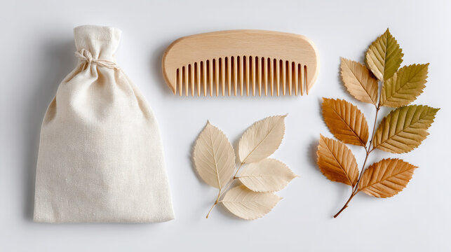 Natural wooden comb, fabric pouch, and dried leaves arranged on a light background, showcasing organic beauty and eco-friendly lifestyle elements with copy space