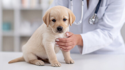 Young golden retriever puppy being examined by a veterinarian in a bright clinic, showcasing the importance of pet care and health in a professional environment