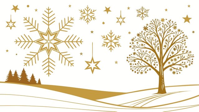 Golden snowflakes fall on a snowy landscape with a bare tree and evergreen trees