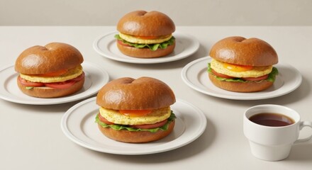 Four egg sandwiches on plates & a coffee cup, minimalist food styling on a light surface