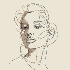 Elegant hand drawn vector portrait of a woman created in abstract continuous line art style with soft beige tones, symbolizing beauty, fashion, and modern minimalism