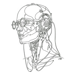 Detailed hand drawn vector illustration of a cyborg head with glasses, mechanical parts, and wires, symbolizing AI, robotics, and technology concept