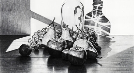 Still life of fruit and glass bottles on wooden table in black and white