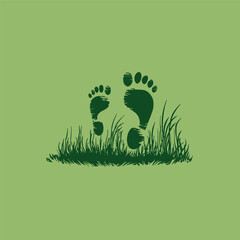 Hand drawn vector illustration of human footprints in grass on green background, symbolizing ecology, nature care, sustainability, and environmental awareness