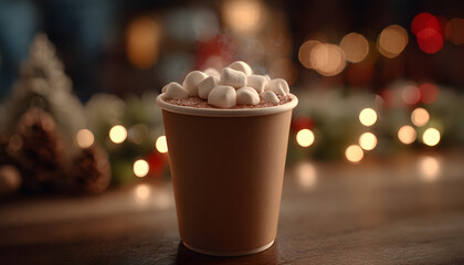 Paper cup with hot chocolate and fluffy marshmallows, festive and holiday mood. Tasty drink.