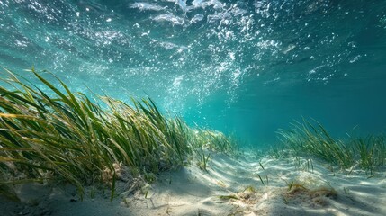 Fototapeta premium Calm blue ocean scene featuring graceful seagrass above a sandy seabed