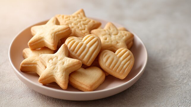 A plate of butter cookies shaped as stars and hearts, minimal backdrop, clean warm light - Powered by Adobe
