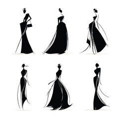 Set of six hand drawn vector silhouettes of women in stylish evening gowns, perfect for fashion design, luxury branding, and illustration projects