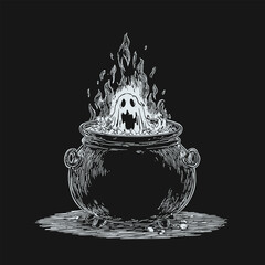 Detailed hand drawn vector illustration of a ghost emerging from a boiling cauldron with flames, perfect for Halloween designs, posters, and spooky artwork
