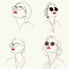 Set of four hand drawn vector portraits of stylish women wearing sunglasses and red lips, minimalist continuous line art design for fashion and beauty projects