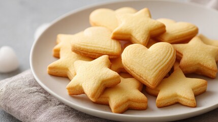 A plate of butter cookies shaped as stars and hearts, minimal backdrop, clean warm light