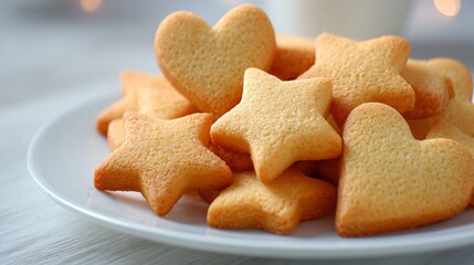 A plate of butter cookies shaped as stars and hearts, minimal backdrop, clean warm light