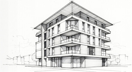 Modern multi-story building with balconies and garage