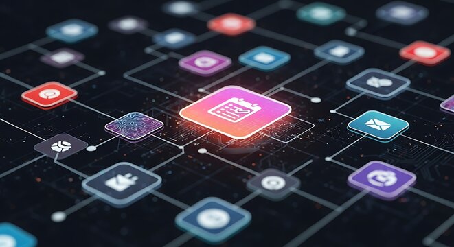 Conceptual visualization of project management and workflow automation with a central calendar connected to a network of business application icons