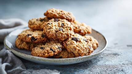 A plate of oatmeal cookies on terrazzo countertop, minimal props, bright morning light