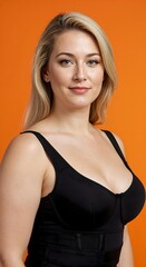 A confident blonde woman in a black medical compression corset, post-breast augmentation, with a subtle smile. This photorealistic image showcases realistic, symmetrical results for aesthetic clinic m