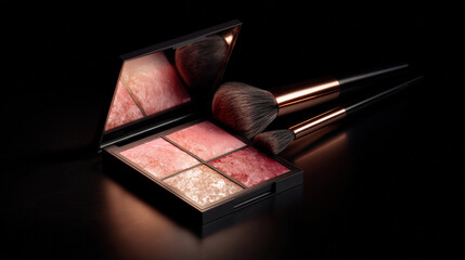 Realistic cosmetic collection featuring blush palette with four shades, accompanied by two makeup brushes. elegant presentation highlights beauty and versatility of products