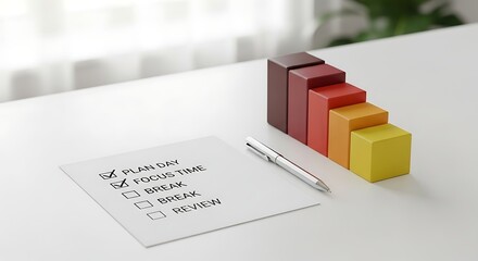 Effective daily planning with a productivity checklist for focus time, next to a bar chart representing career growth and success