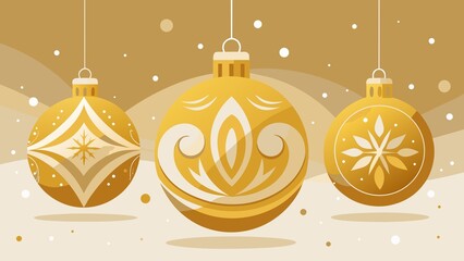 Elegant golden christmas ornaments hanging with festive snowfall background