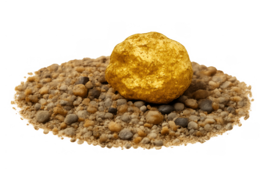 Gold nugget on gravel, symbolizing mining success, financial growth, and valuable investment. Transparent background