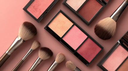 Realistic cosmetic collection featuring blush palettes and makeup brushes arranged aesthetically on soft pink background, creating vibrant and inviting atmosphere for beauty enthusiasts