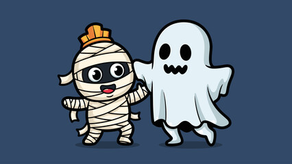 Adorable Halloween Cartoon: Mummy and Ghost Friends