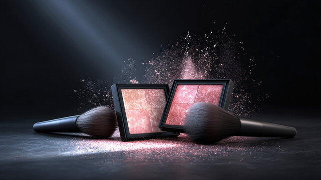 Cosmetic collection featuring blush palettes and makeup brushes, showcasing vibrant colors and textures. scene captures essence of beauty and artistry in makeup application