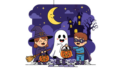 Happy Halloween kids trick-or-treating. Cute witch, ghost, and superhero with pumpkins under a starry night sky and haunted house.