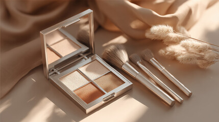 Realistic cosmetic collection featuring blush palette, makeup brushes, and soft decorative elements. warm tones and elegant presentation evoke sense of beauty and sophistication