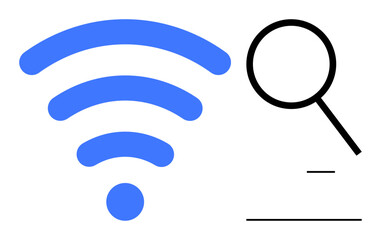 Blue wireless signal icon next to a black magnifying glass, symbolizing online search, connectivity, and data access. Ideal for technology, web browsing, networking, communication, research internet