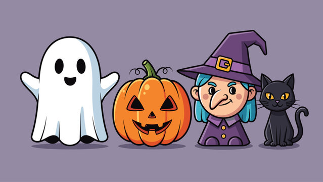 Adorable Halloween Cartoon Characters: Ghost, Jack-o'-Lantern, Witch, and Black Cat Vector Illustration - Powered by Adobe