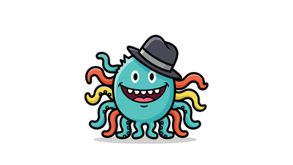 Cute smiling cartoon octopus character wearing a fedora hat, isolated illustration