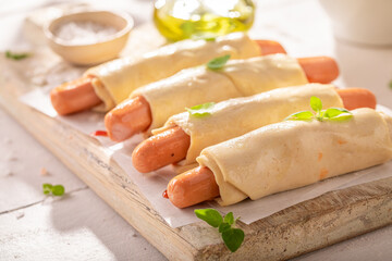 Unhealthy hot dogs as hot and popular appetizers.