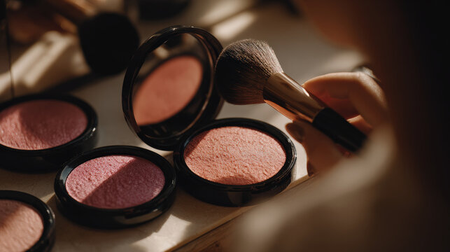 Realistic cosmetic collection featuring blush palettes in various shades, with makeup brush poised for application. warm lighting enhances textures and colors, creating inviting atmosphere - Powered by Adobe