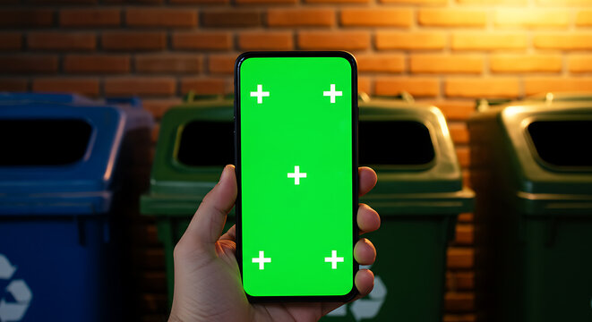 Environmental concept showing a hand holding a smartphone with a blank green screen for a sustainability app, with recycling bins in the background