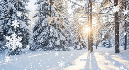 Serene Winter Landscape with Snow-Covered Trees and Soft Sunlight Filtering Through Branches