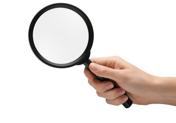 Hand Holding Black Magnifying Glass – Isolated on transparent background, PNG