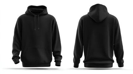 Front and back view of a blank black pullover hoodie for mockup. Isolated on white background