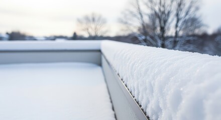 Obraz premium Snow-covered balcony railing with trees in winter landscape 