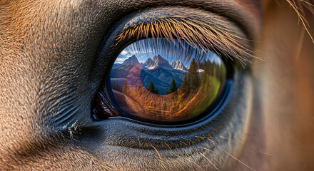 Majestic mountain landscape reflected in a horse's eye up close