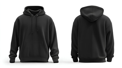 Front and back view of a blank black pullover hoodie for mockup. Isolated on white background