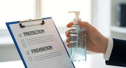 A business person holds a clipboard with a completed checklist for protection and prevention, alongside a bottle of antiseptic hand gel