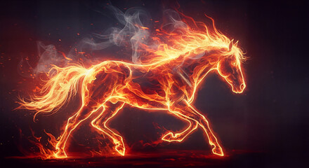 Majestic fiery horse running with glowing flames and smoke