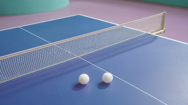 A blue table tennis table is ready for play, featuring a net down the middle. Two white balls sit on the table, signaling the start of a fun match in a vibrant indoor space