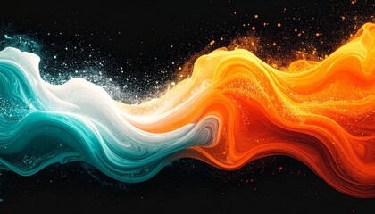 Vibrant orange teal white psychedelic grainy gradient color flow wave on black background, music cover dance party poster design