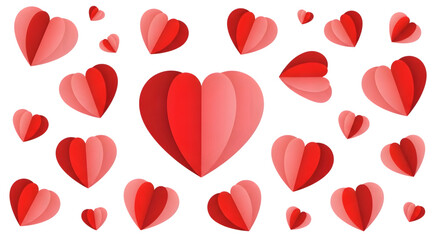 Numerous red and pink paper hearts arranged in a scattered pattern isolated on a transparent background