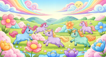 Colorful unicorns running in a vibrant fantasy landscape with flowers